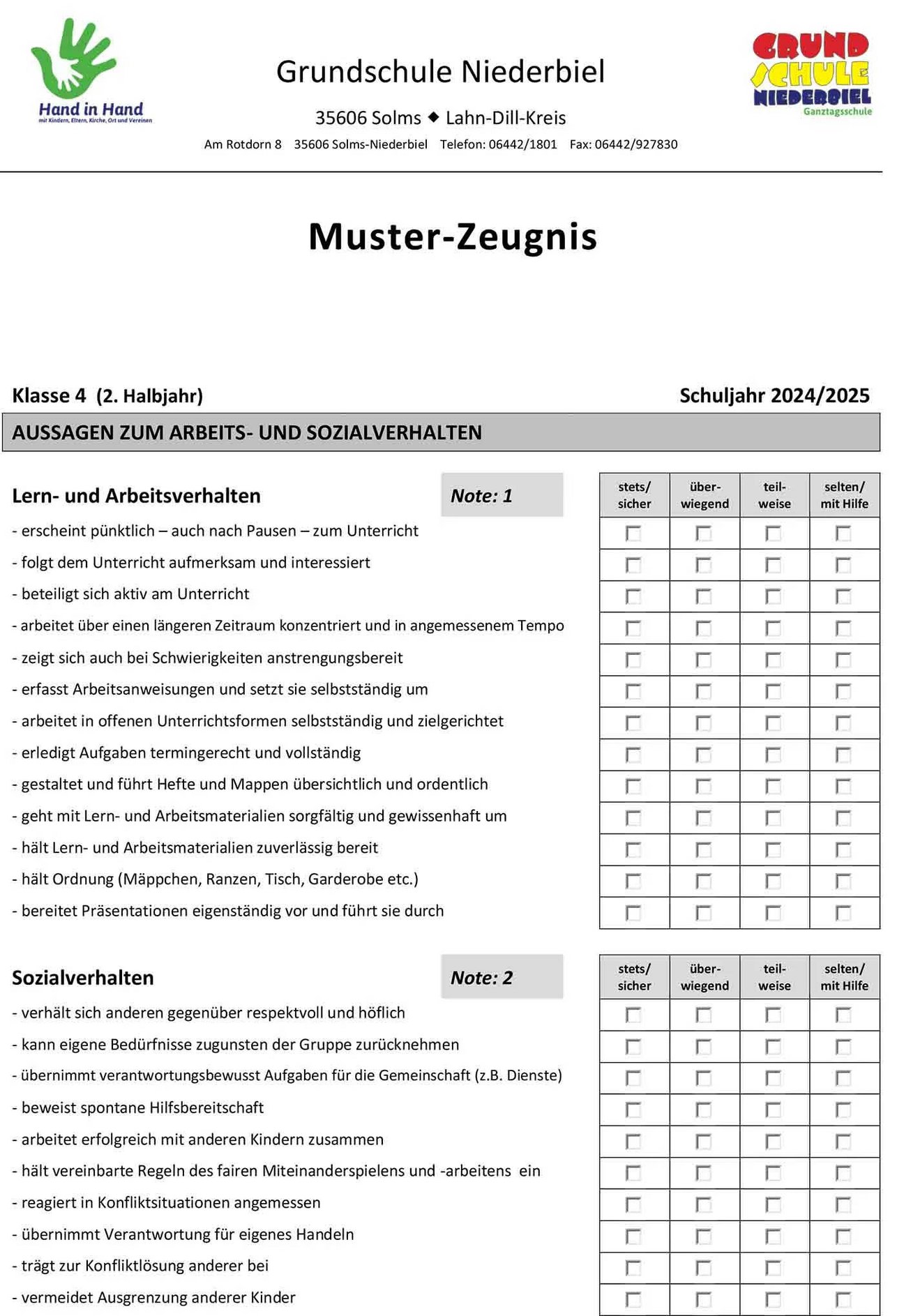 Rasterzeugnis Klasse 4 2. Halbjahr 2024-2025